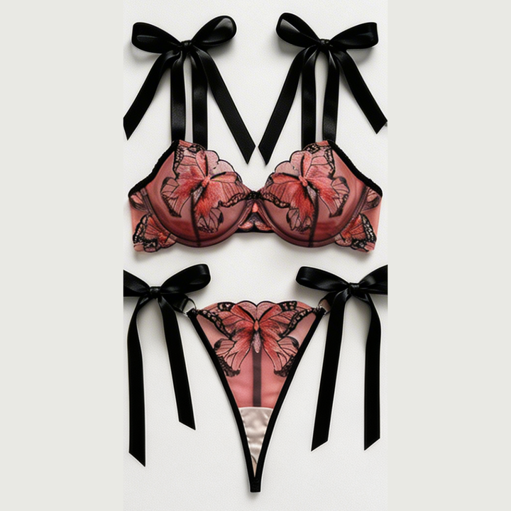 Fiorelle – Butterfly Embroidered Mesh Lingerie Set
