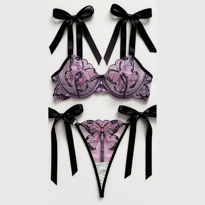 Fiorelle – Butterfly Embroidered Mesh Lingerie Set
