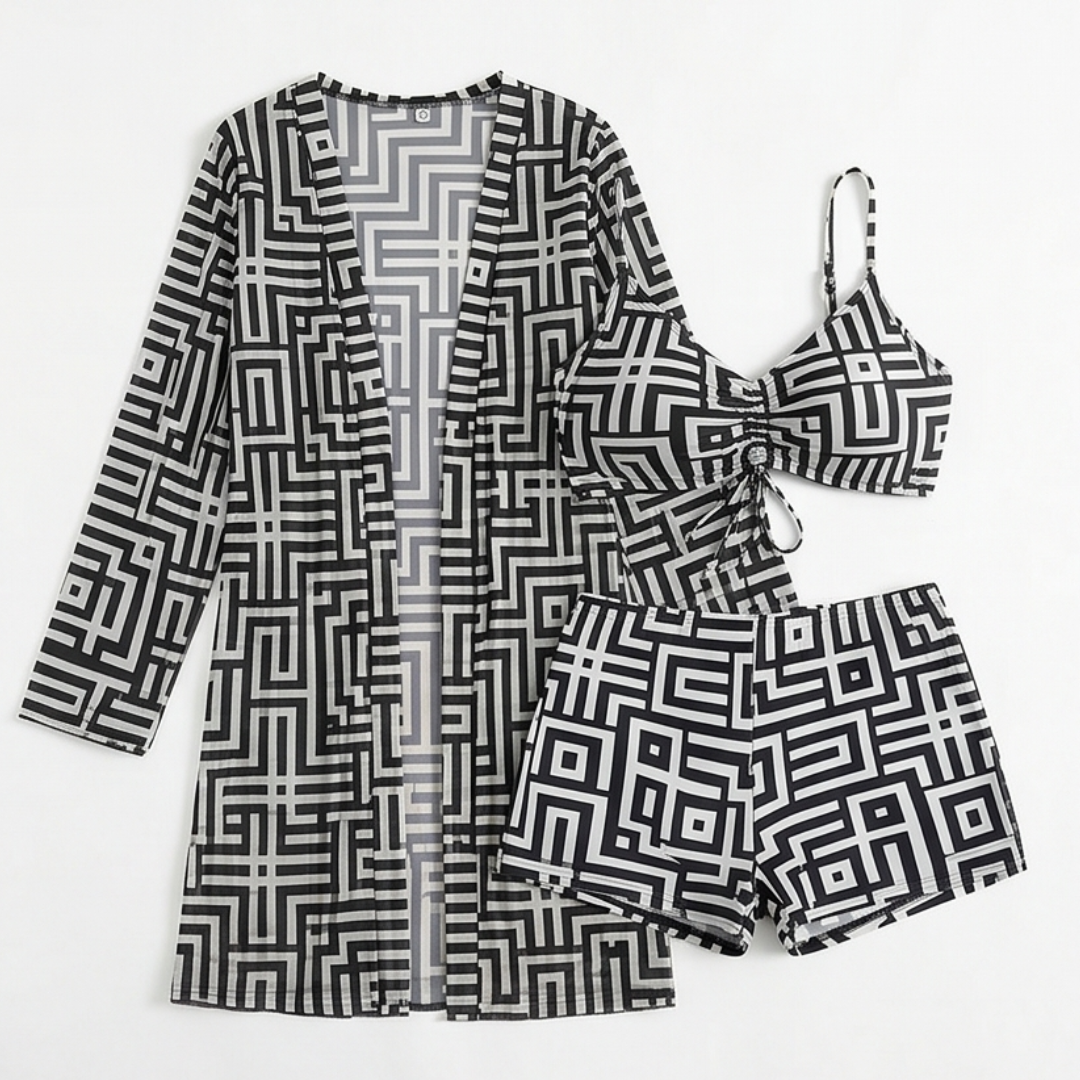 Solena – 3 Piece Geometric Swim Set with Cover-Up