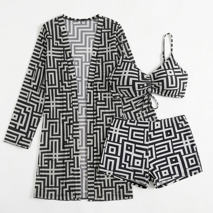 Solena – 3 Piece Geometric Swim Set with Cover-Up