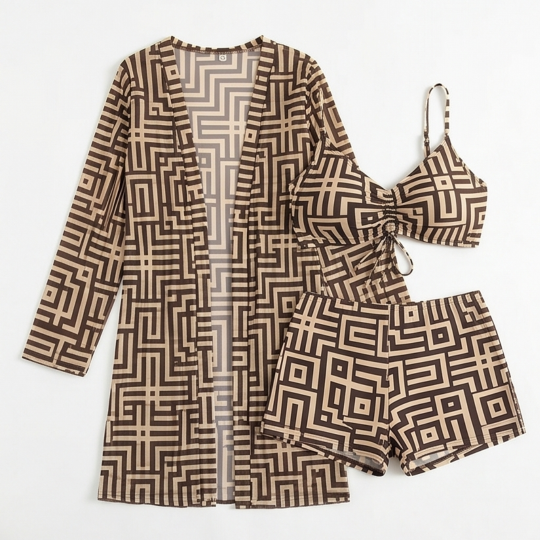 Solena – 3 Piece Geometric Swim Set with Cover-Up