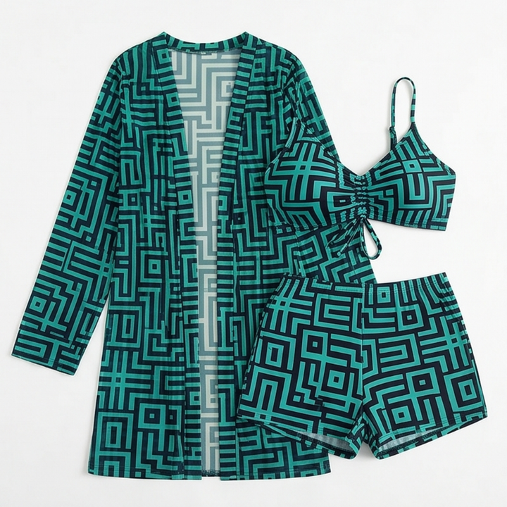 Solena – 3 Piece Geometric Swim Set with Cover-Up
