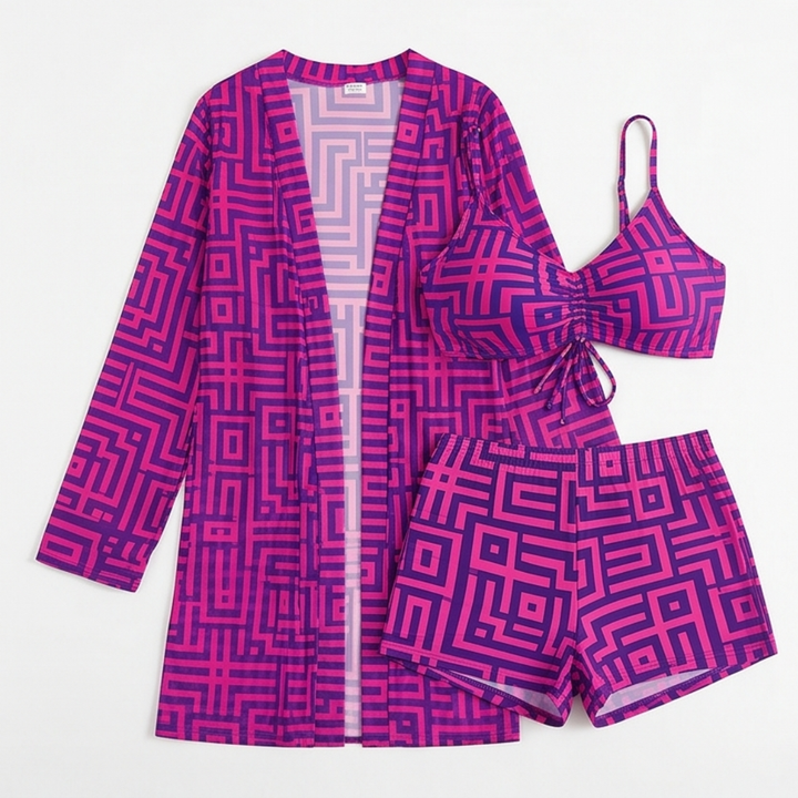 Solena – 3 Piece Geometric Swim Set with Cover-Up