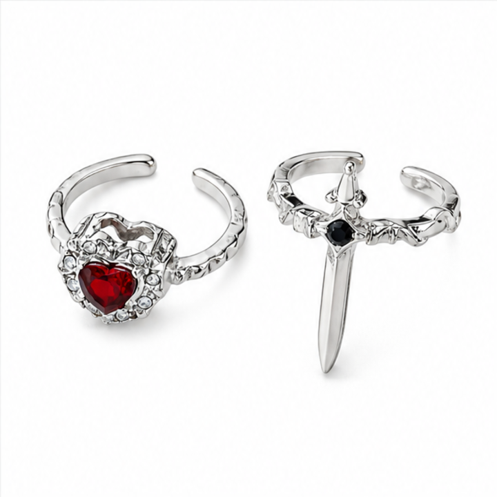 Noctelle – Pierced Heart Ring Set with Garnet Stone