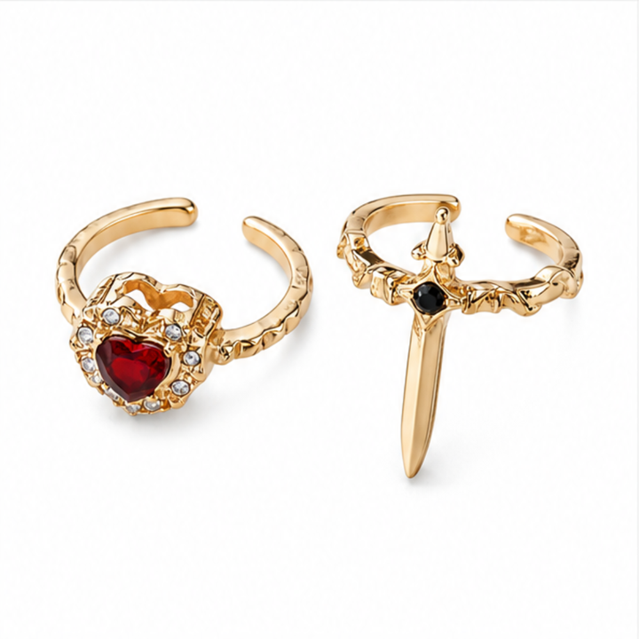 Noctelle – Pierced Heart Ring Set with Garnet Stone