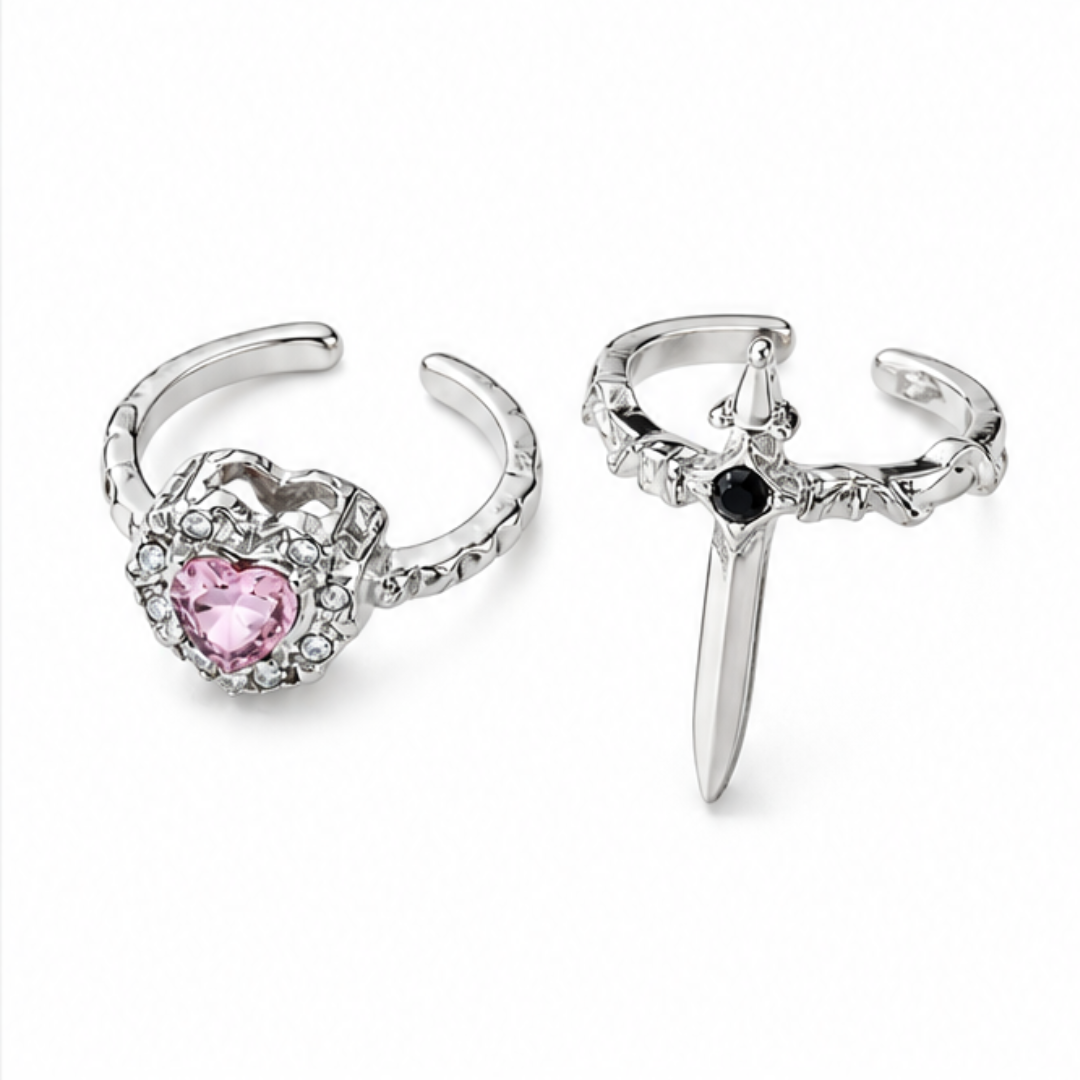 Noctelle – Pierced Heart Ring Set with Garnet Stone