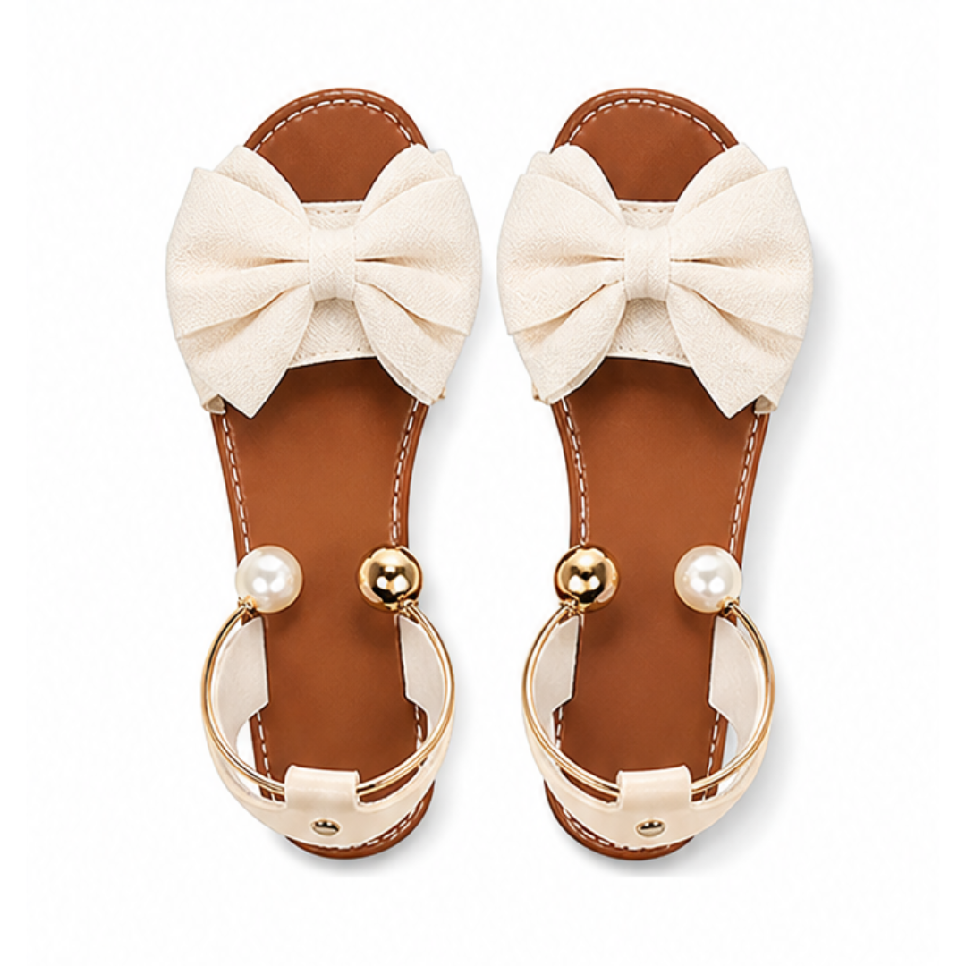 Lunabow – Bow Flat Sandals with Pearl Ankle Cuff