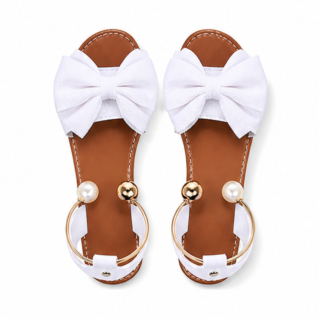 Lunabow – Bow Flat Sandals with Pearl Ankle Cuff