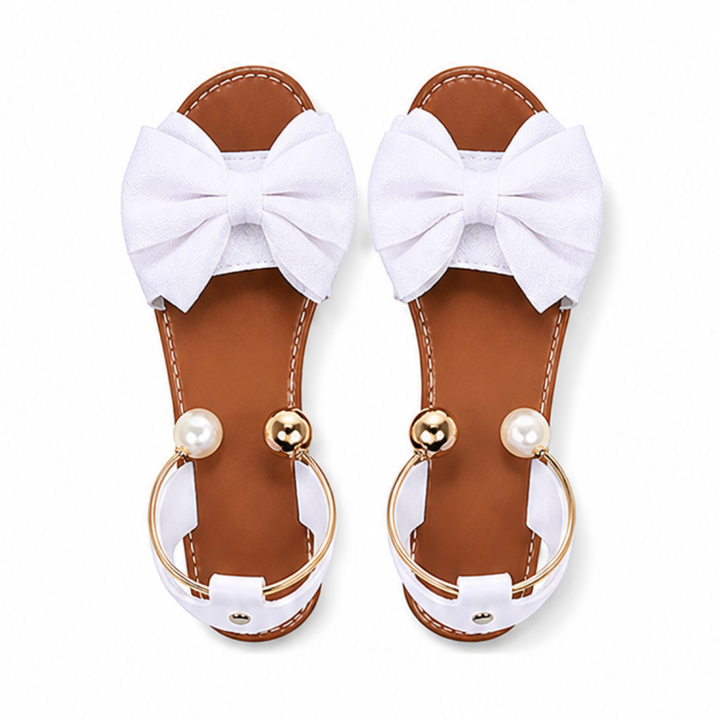 Lunabow – Bow Flat Sandals with Pearl Ankle Cuff