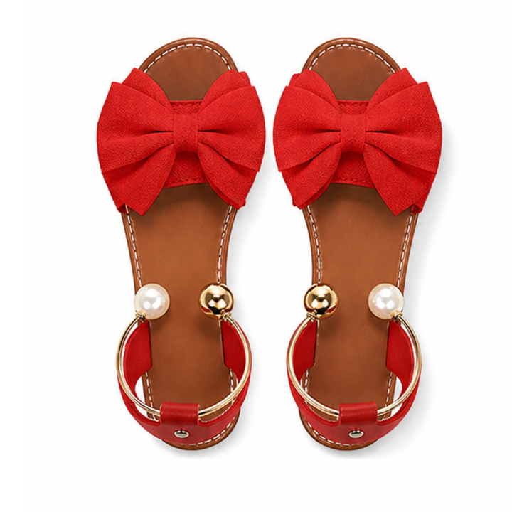 Lunabow – Bow Flat Sandals with Pearl Ankle Cuff