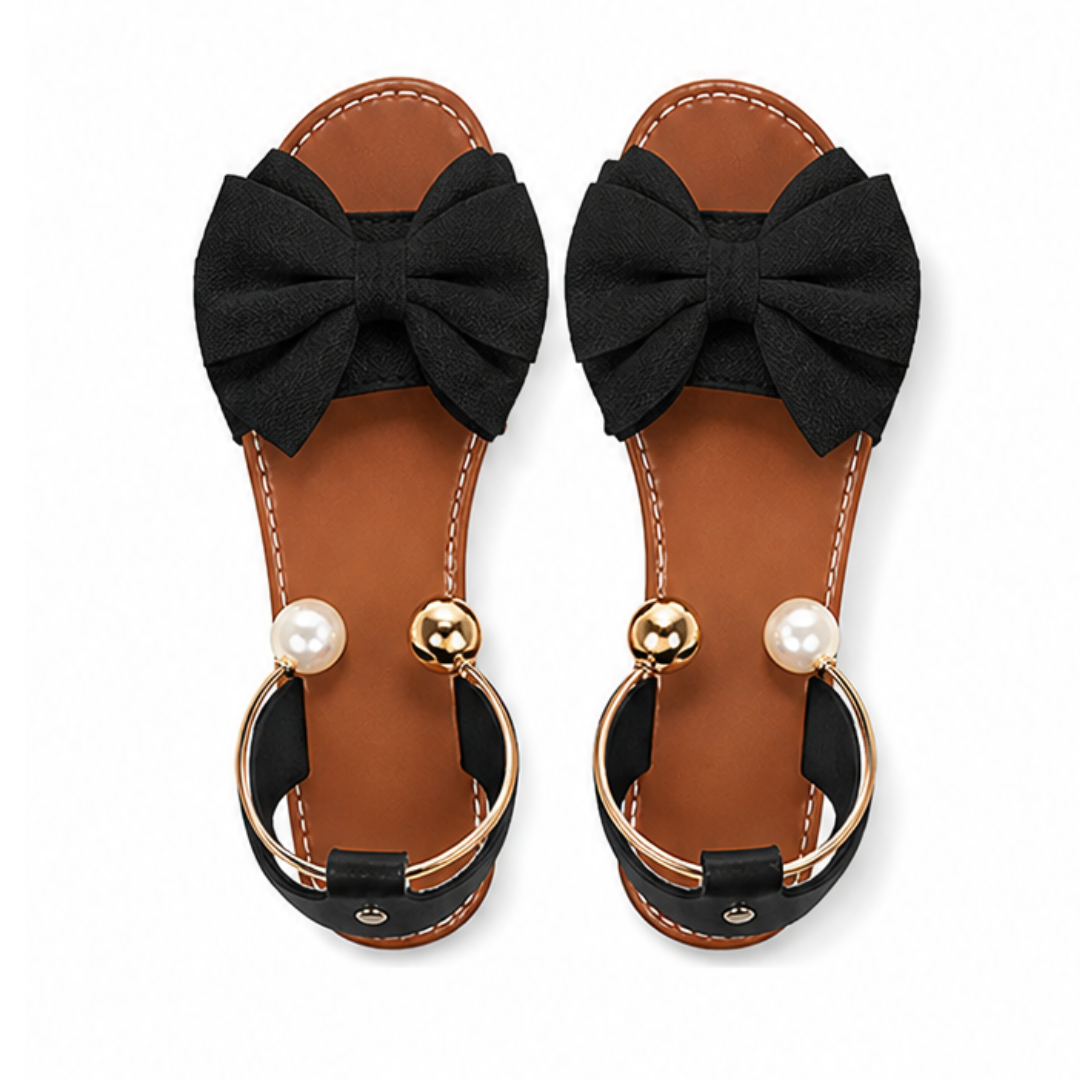 Lunabow – Bow Flat Sandals with Pearl Ankle Cuff