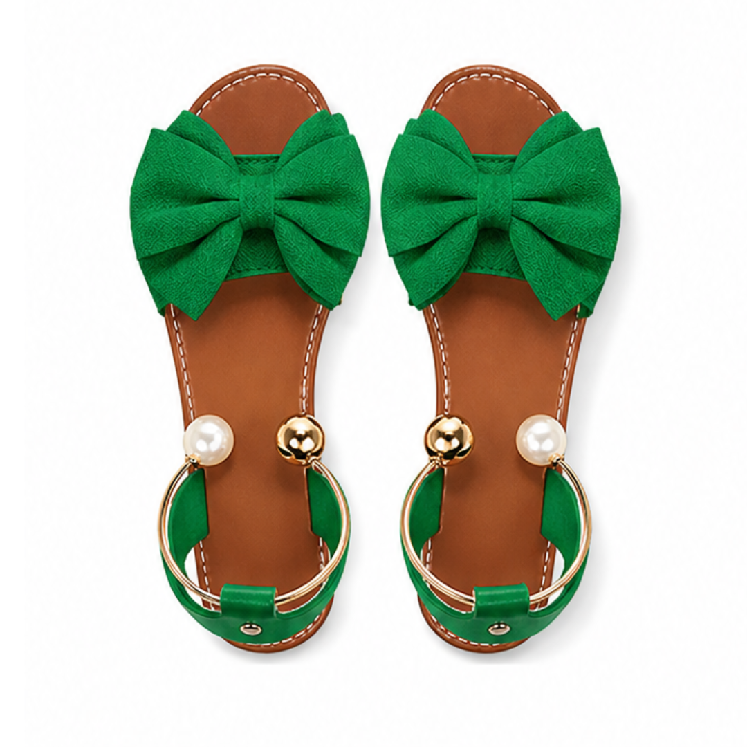 Lunabow – Bow Flat Sandals with Pearl Ankle Cuff