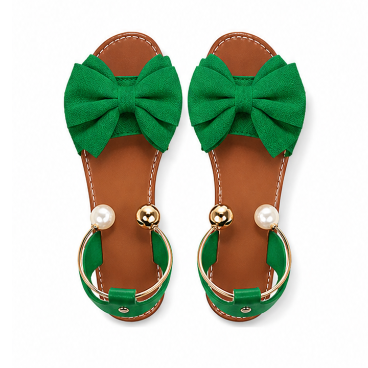 Lunabow – Bow Flat Sandals with Pearl Ankle Cuff