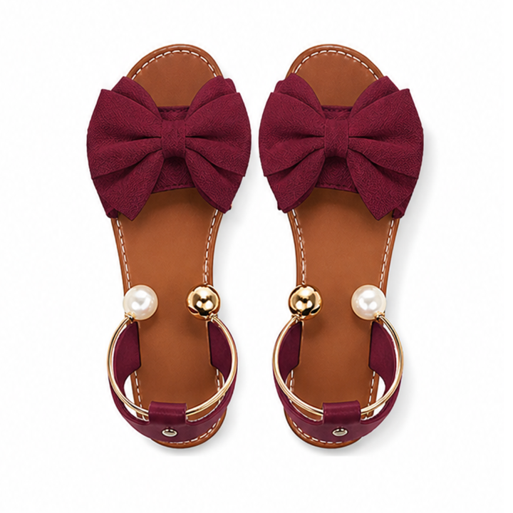 Lunabow – Bow Flat Sandals with Pearl Ankle Cuff
