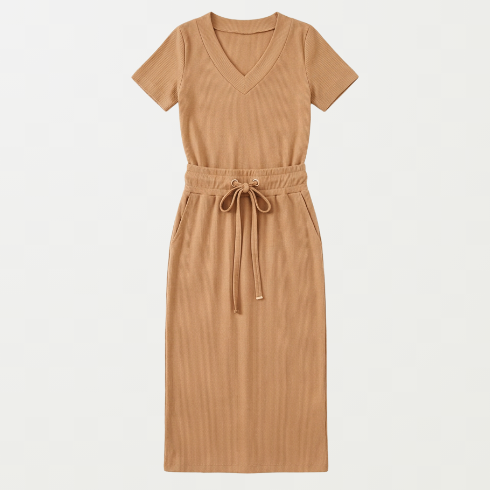 Saviya – Women's Ribbed V-Neck Top and Midi Skirt Set