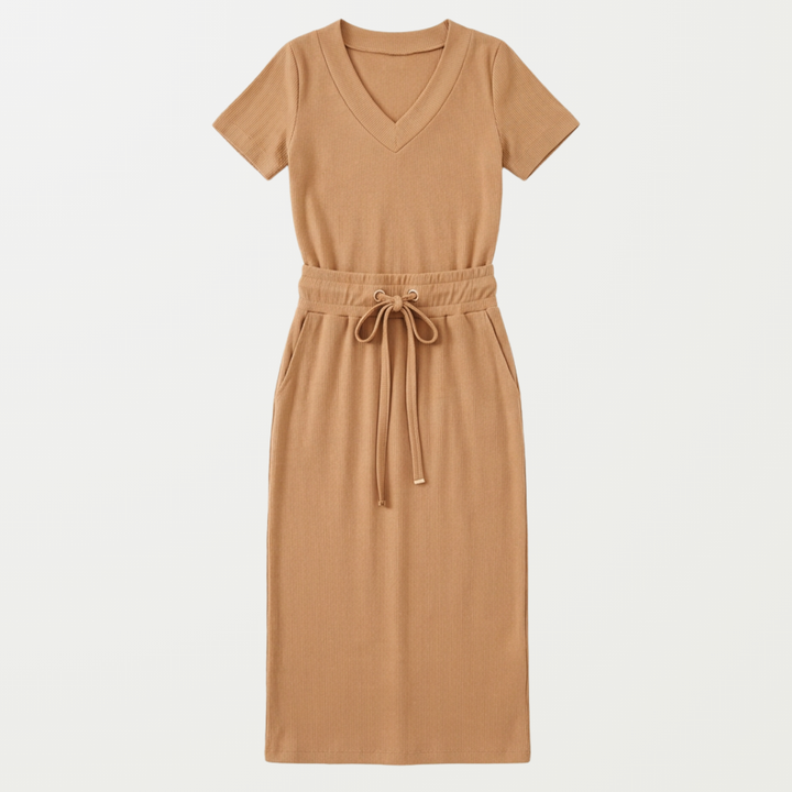 Saviya – Women's Ribbed V-Neck Top and Midi Skirt Set