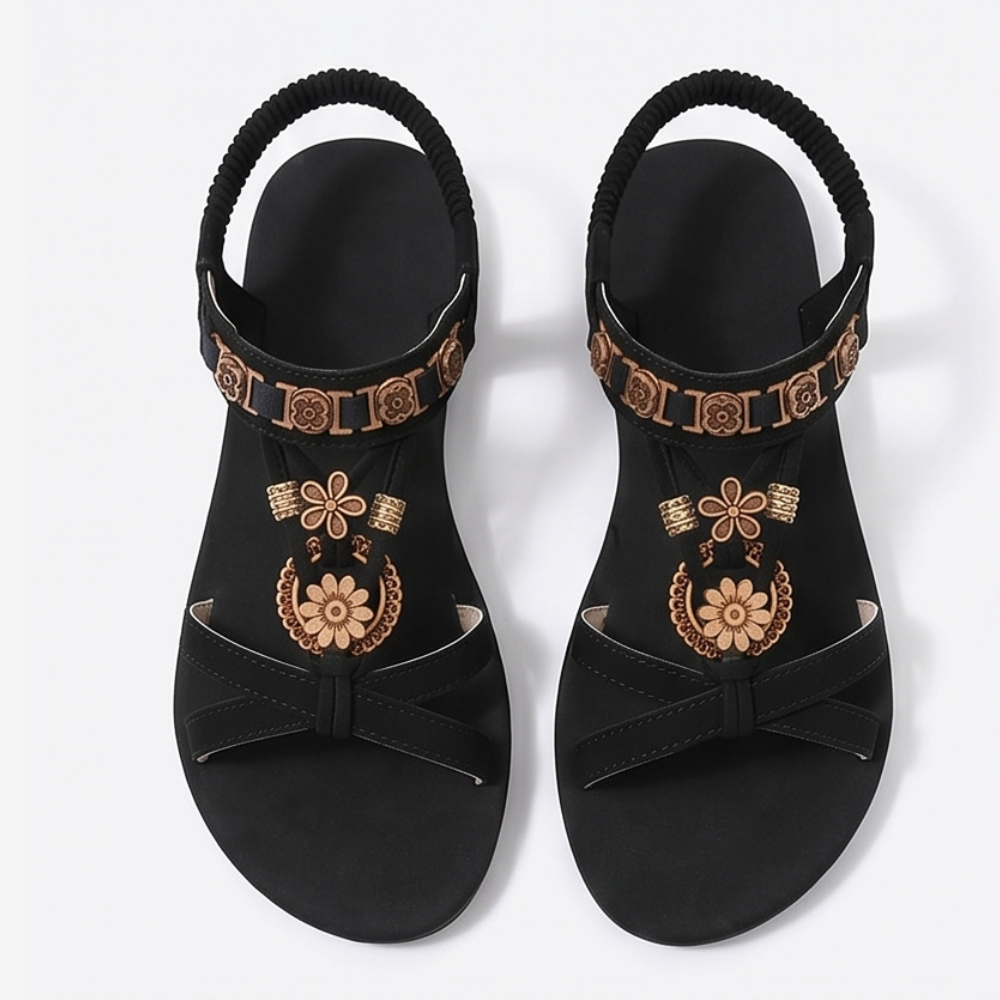 Soluna – Women's Boho Flat Sandals with Gold Floral Charms