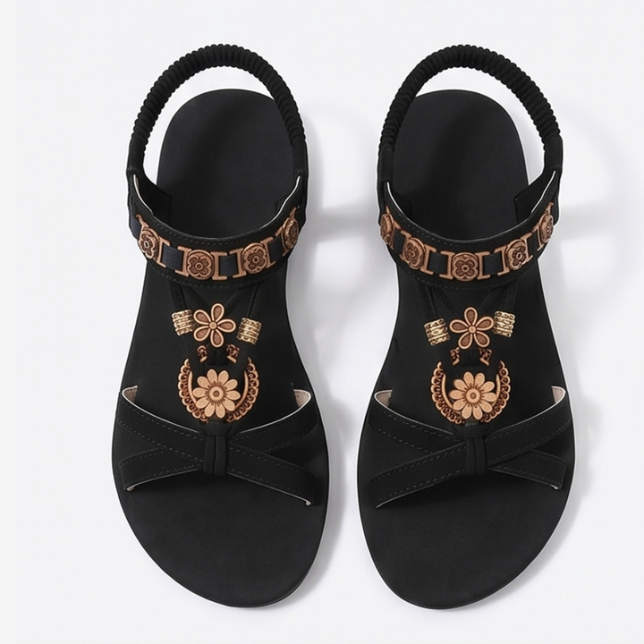 Soluna – Women's Boho Flat Sandals with Gold Floral Charms