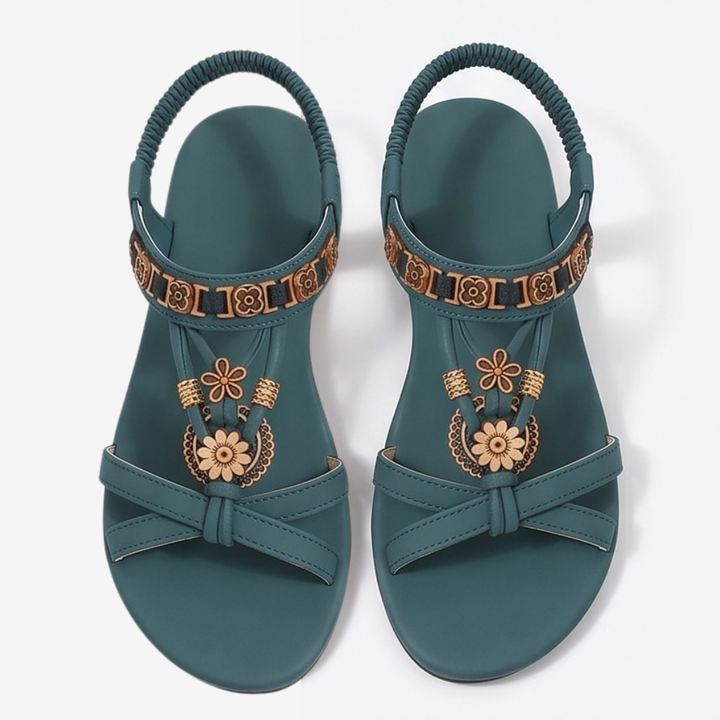 Soluna – Women's Boho Flat Sandals with Gold Floral Charms
