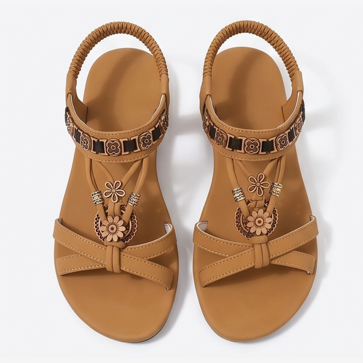 Soluna – Women's Boho Flat Sandals with Gold Floral Charms