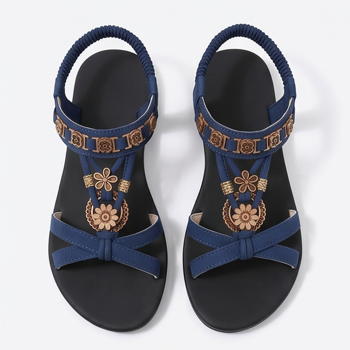 Soluna – Women's Boho Flat Sandals with Gold Floral Charms