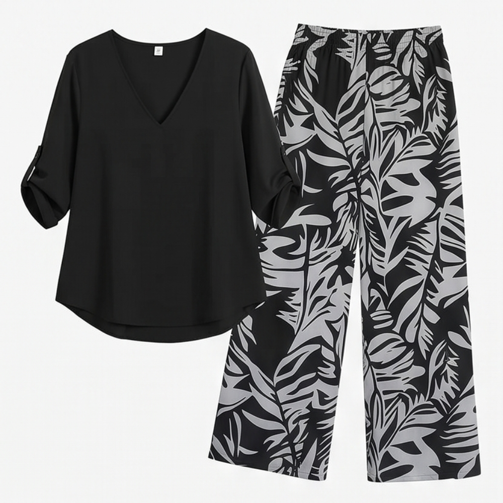 Lark & Palm – Women's V-Neck Top & Leaf-Print Wide-Leg Pants Set