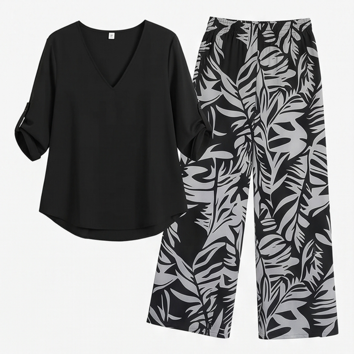 Lark & Palm – Women's V-Neck Top & Leaf-Print Wide-Leg Pants Set