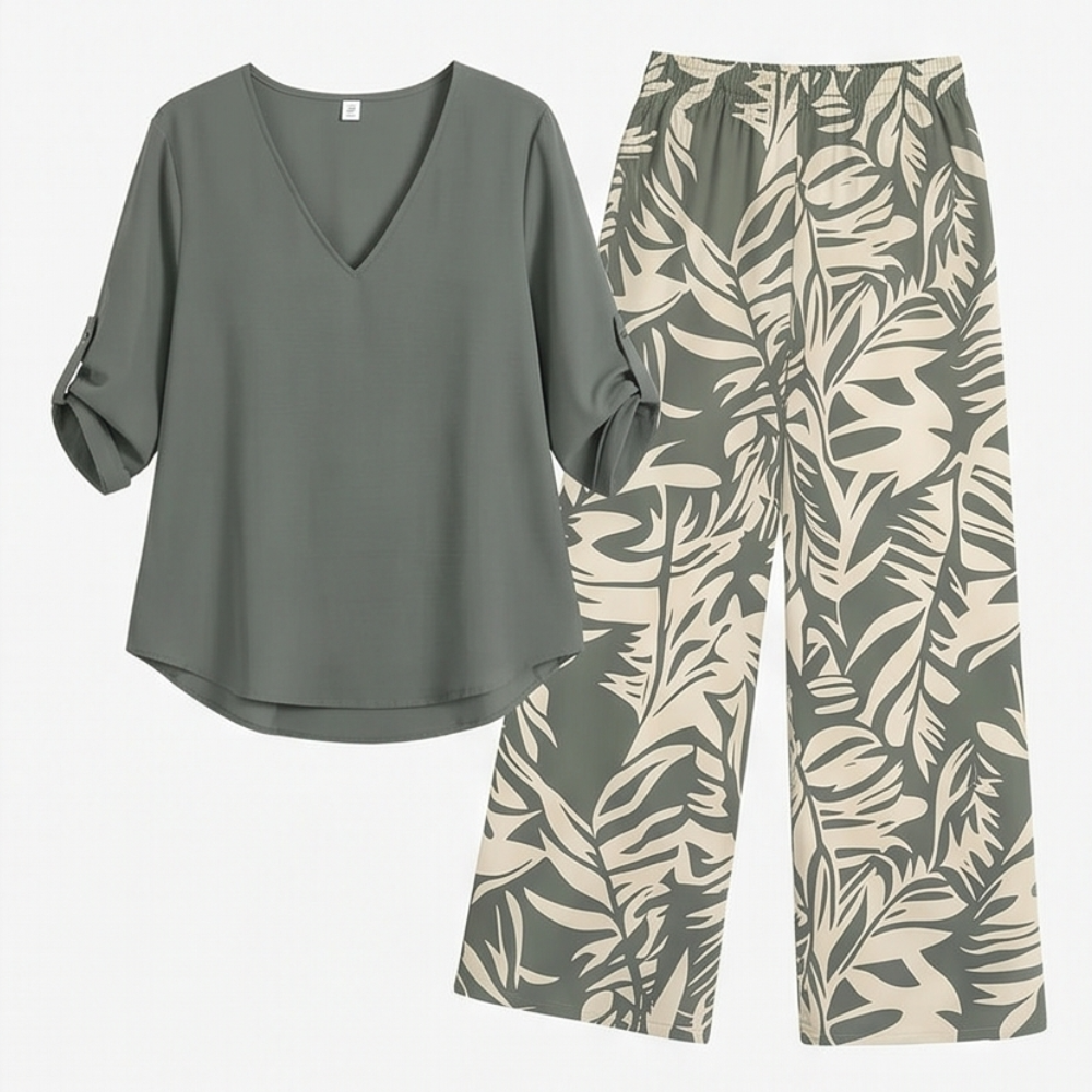 Lark & Palm – Women's V-Neck Top & Leaf-Print Wide-Leg Pants Set