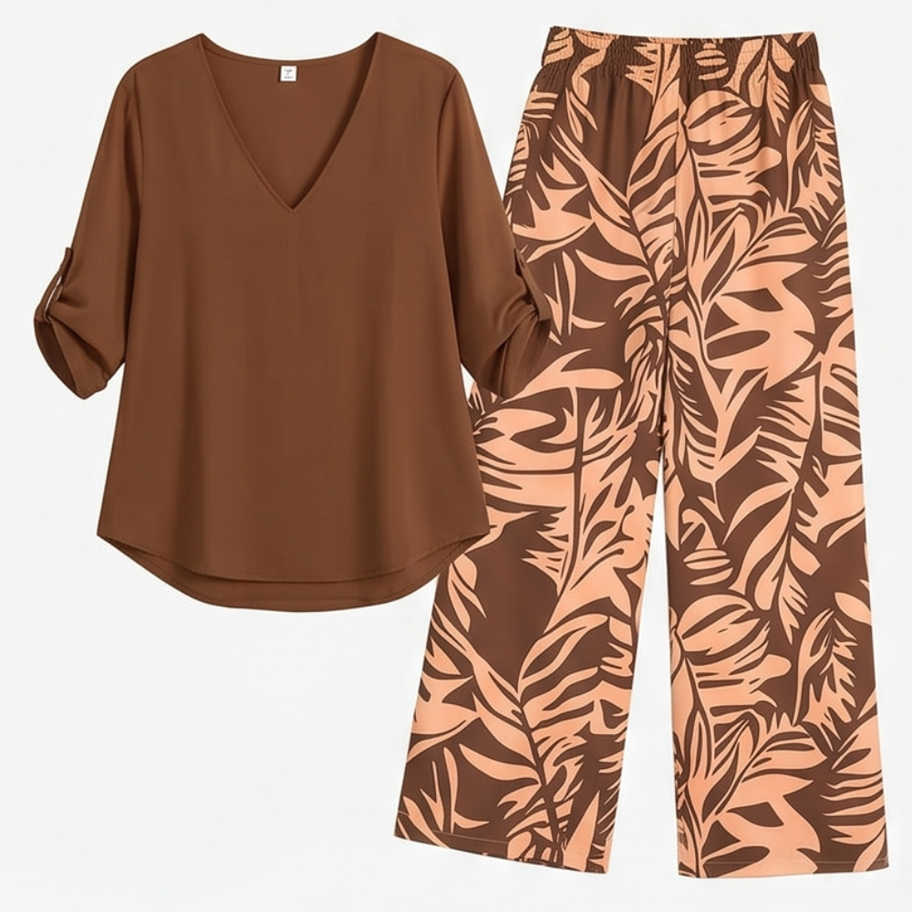 Lark & Palm – Women's V-Neck Top & Leaf-Print Wide-Leg Pants Set