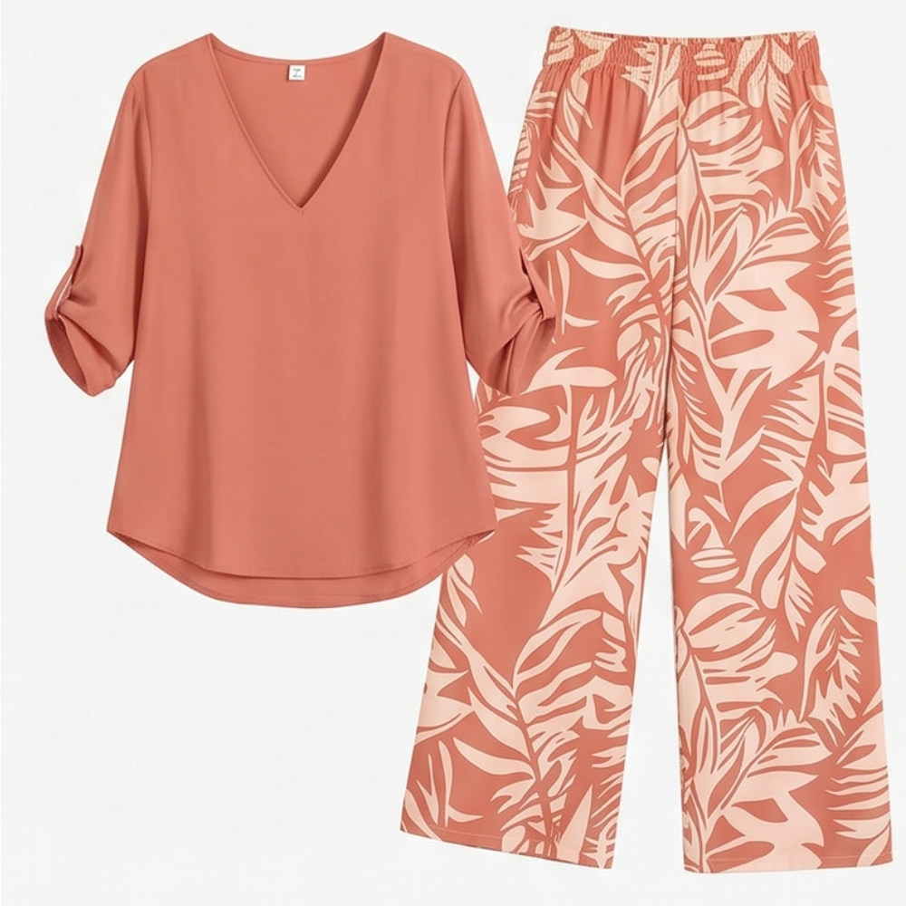 Lark & Palm – Women's V-Neck Top & Leaf-Print Wide-Leg Pants Set