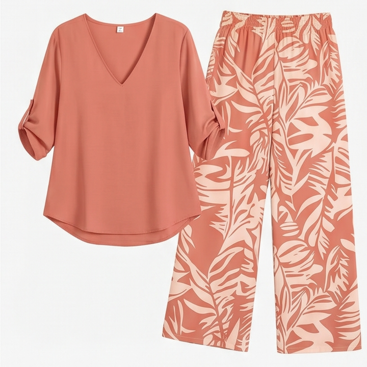 Lark & Palm – Women's V-Neck Top & Leaf-Print Wide-Leg Pants Set