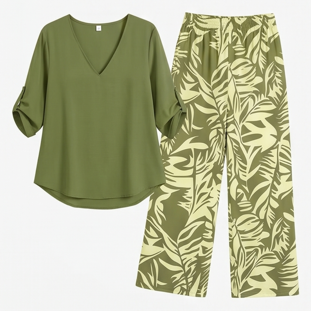 Lark & Palm – Women's V-Neck Top & Leaf-Print Wide-Leg Pants Set