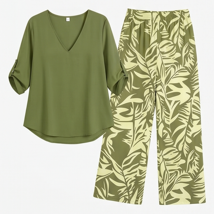 Lark & Palm – Women's V-Neck Top & Leaf-Print Wide-Leg Pants Set