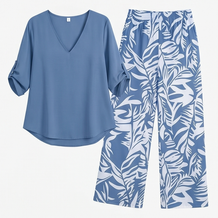 Lark & Palm – Women's V-Neck Top & Leaf-Print Wide-Leg Pants Set