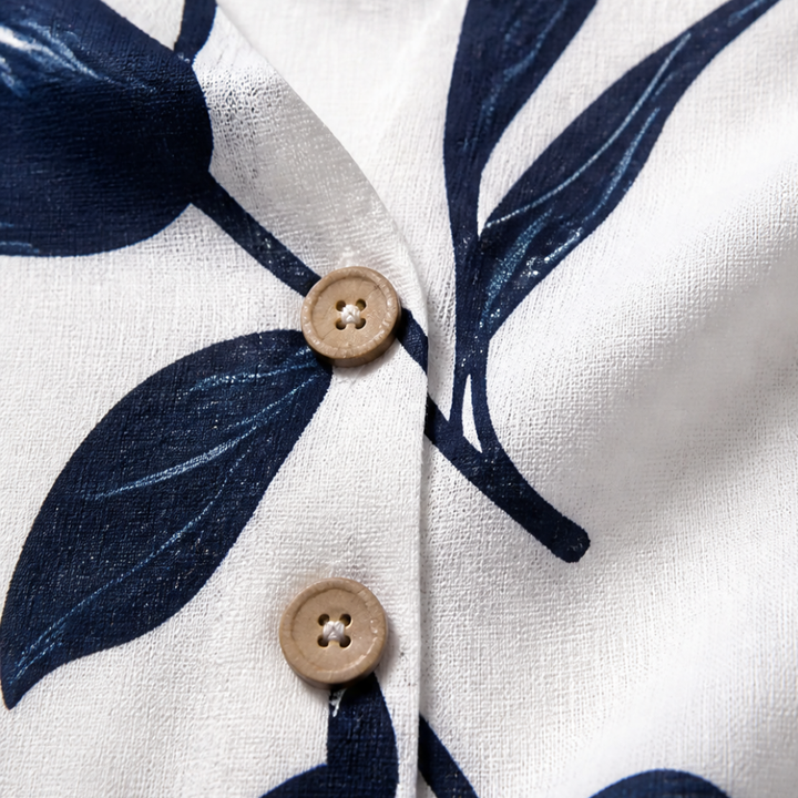 Florelle™ – Floral Linen V-Neck Popover Blouse with 3/4 Sleeves
