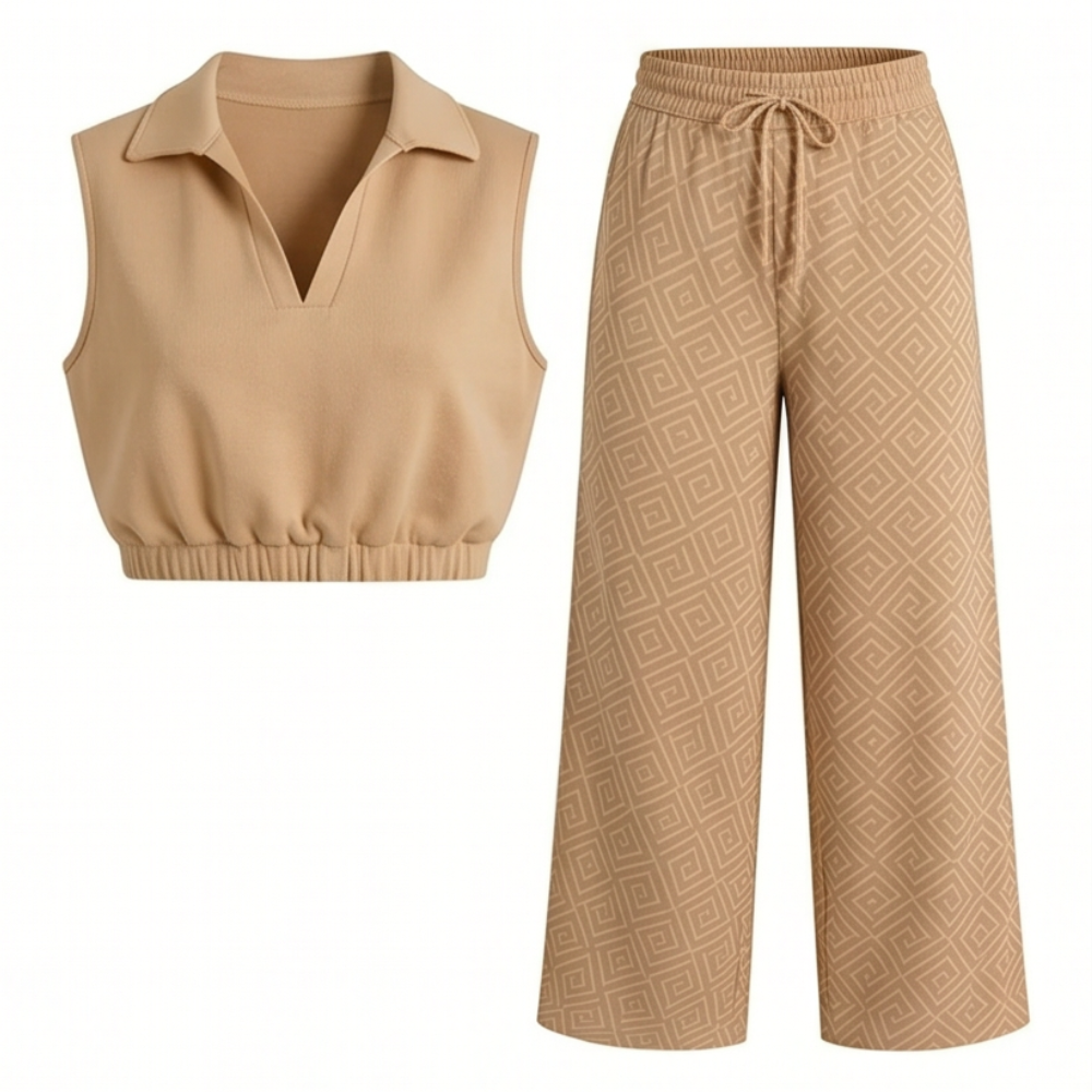 Lunavia – Women's Collared Two-Piece Set with Wide-Leg Pants