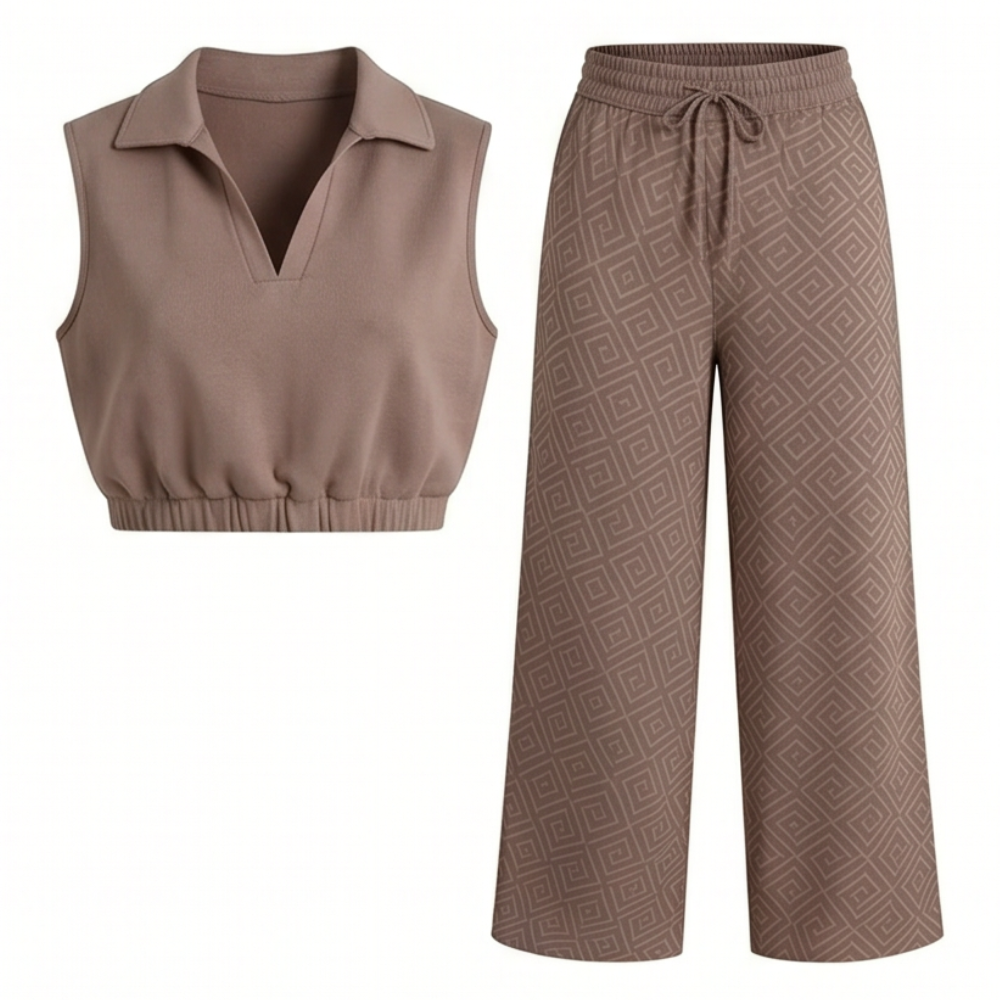 Lunavia – Women's Collared Two-Piece Set with Wide-Leg Pants