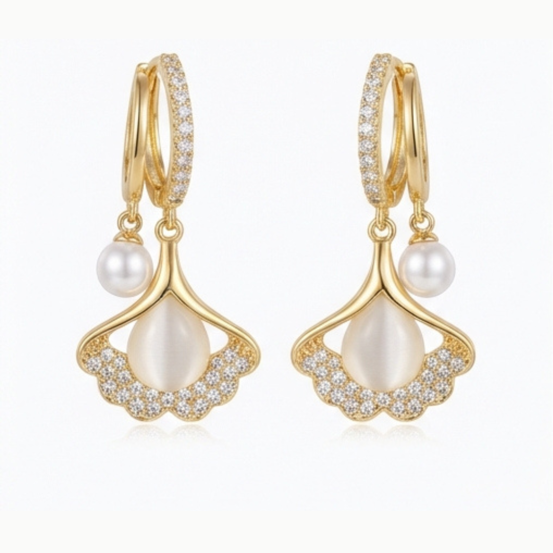 Ginara – Crystal Ginkgo Leaf Drop Earrings with Pearl