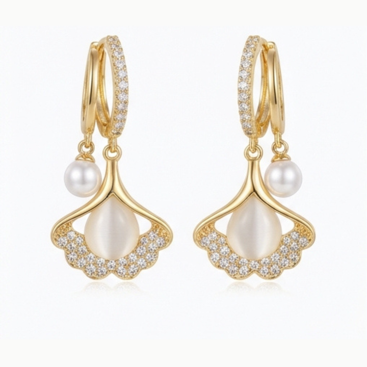Ginara – Crystal Ginkgo Leaf Drop Earrings with Pearl
