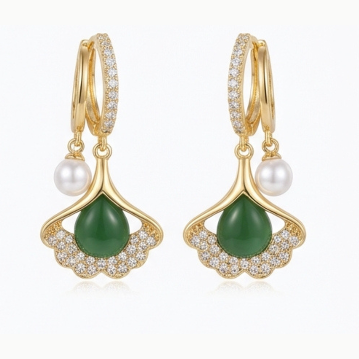 Ginara – Crystal Ginkgo Leaf Drop Earrings with Pearl