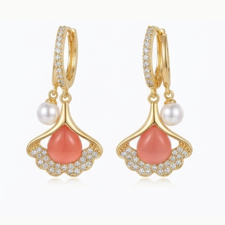 Ginara – Crystal Ginkgo Leaf Drop Earrings with Pearl