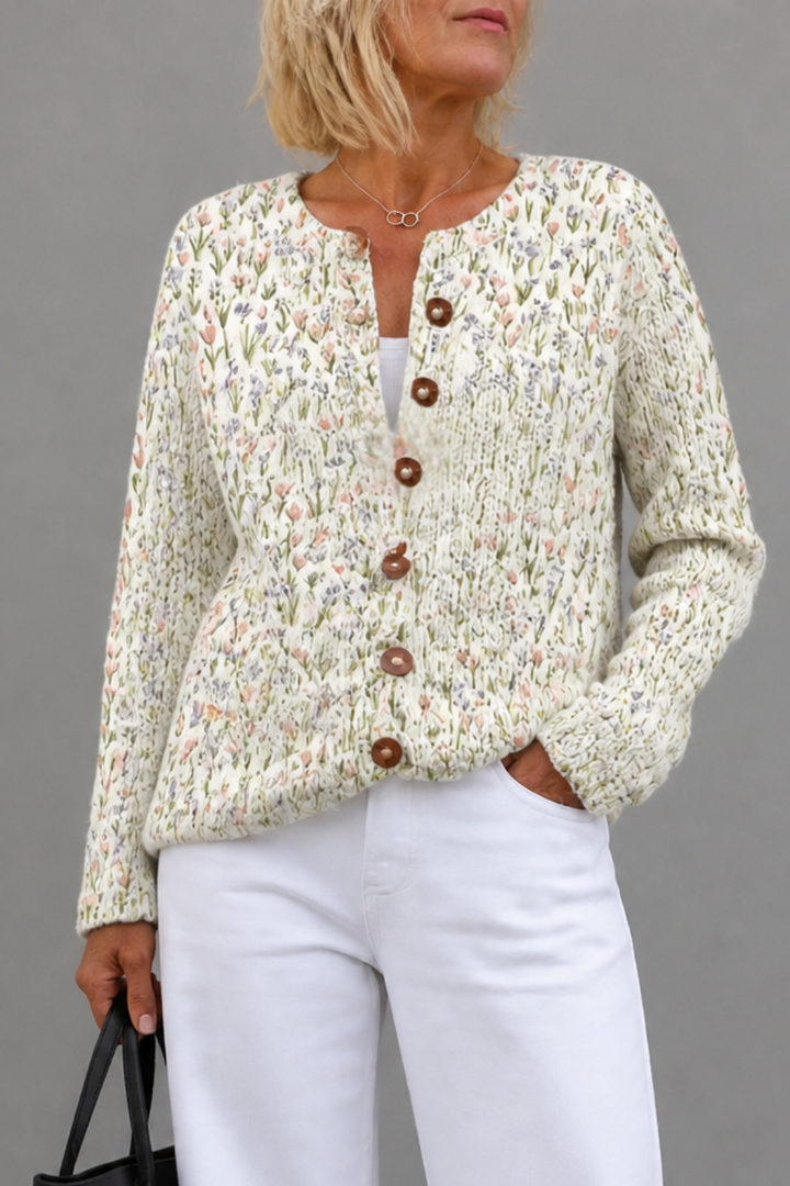 Helena – Floral Print Open-Front Knit Cardigan