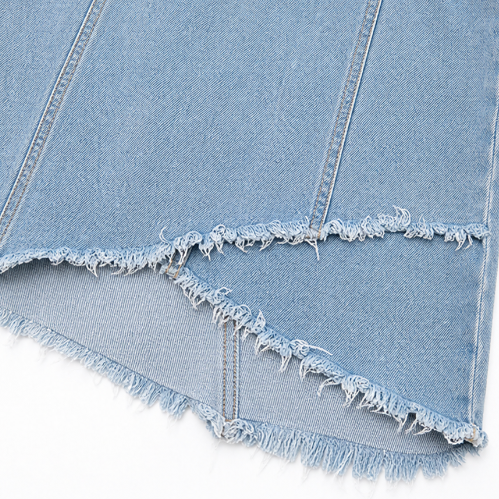 Solera – Cold Shoulder Zip Front Frayed Denim Mini Dress