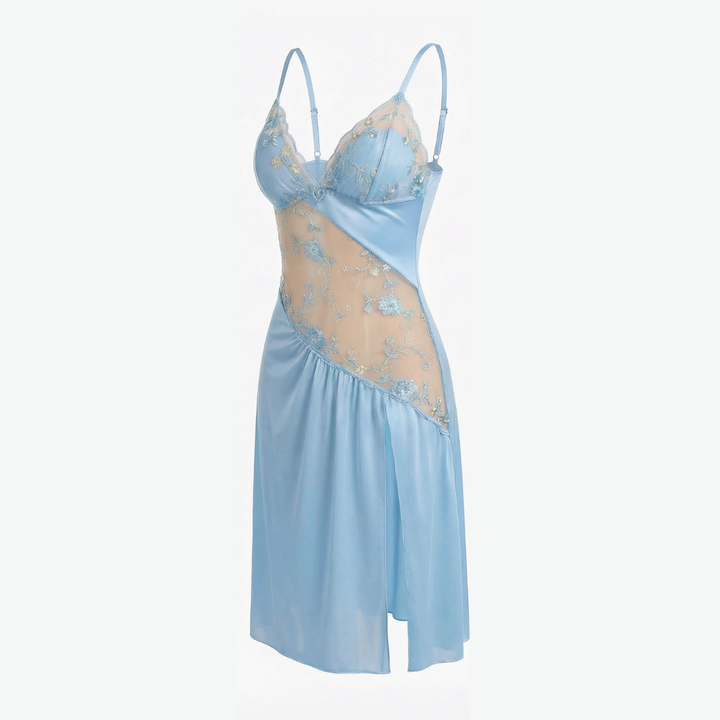 Florelle - Women's floral embroidered mesh nightgown with high slit