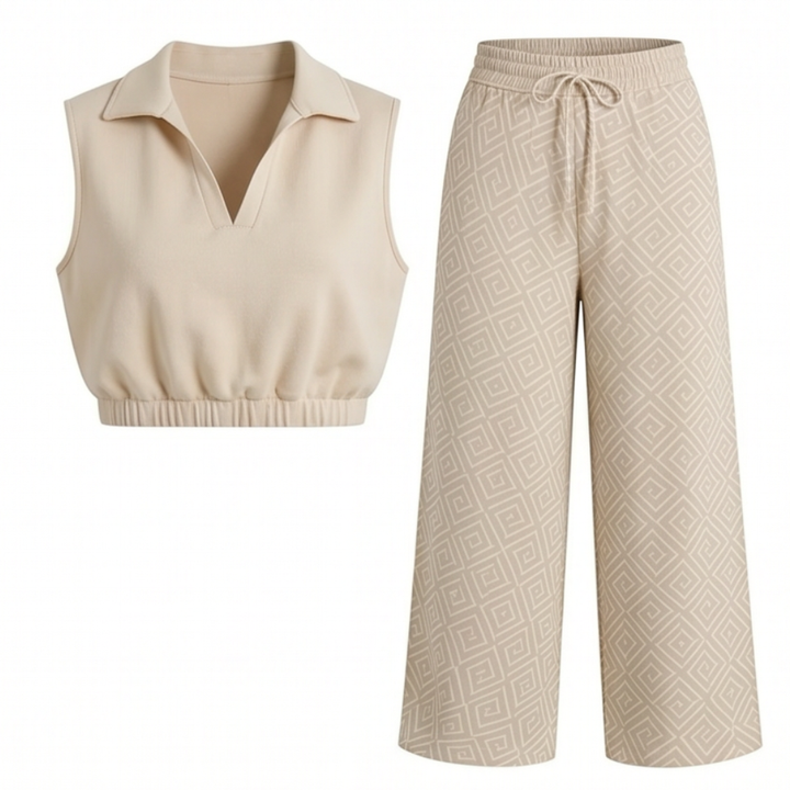 Lunavia – Women's Collared Two-Piece Set with Wide-Leg Pants