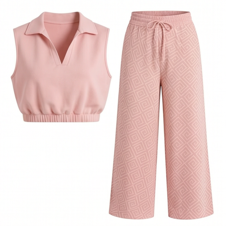Lunavia – Women's Collared Two-Piece Set with Wide-Leg Pants