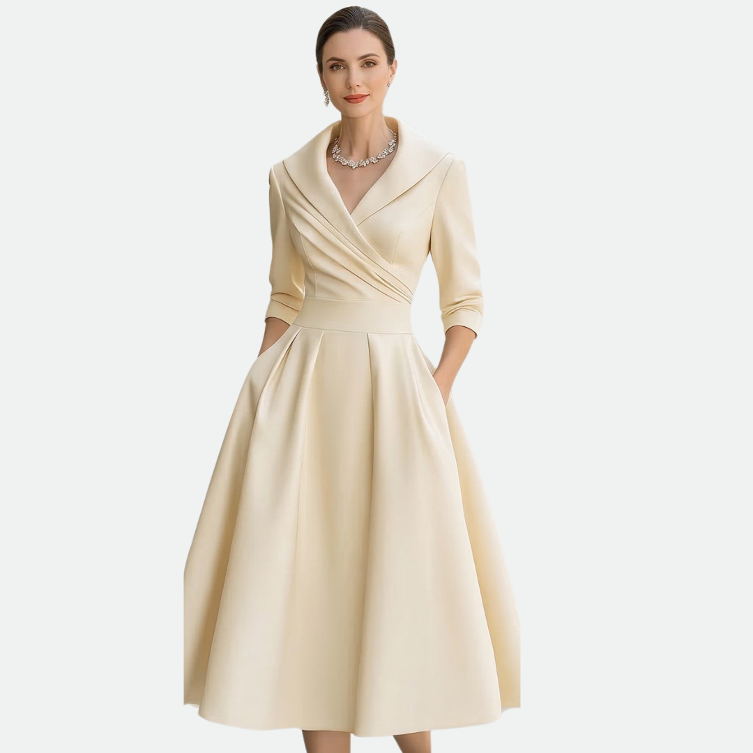 Vivessa™ – Vintage Satin Midi Dress with Draped Collar