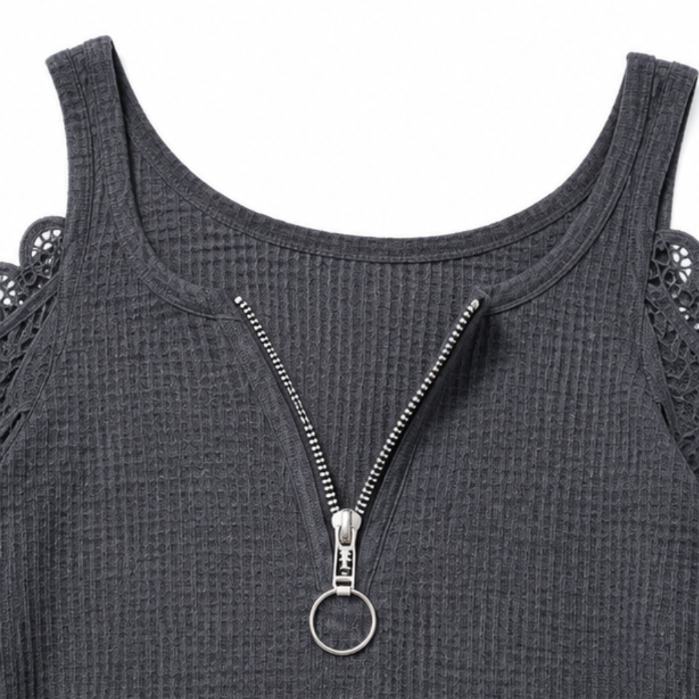 Duetta – Lace-Sleeve Cold-Shoulder Zip-Front Tunic Top