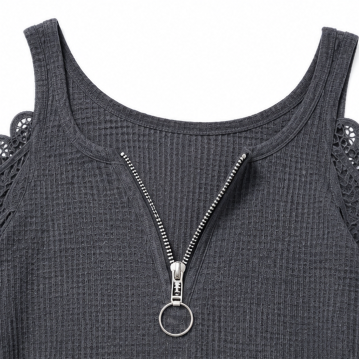 Duetta – Lace-Sleeve Cold-Shoulder Zip-Front Tunic Top
