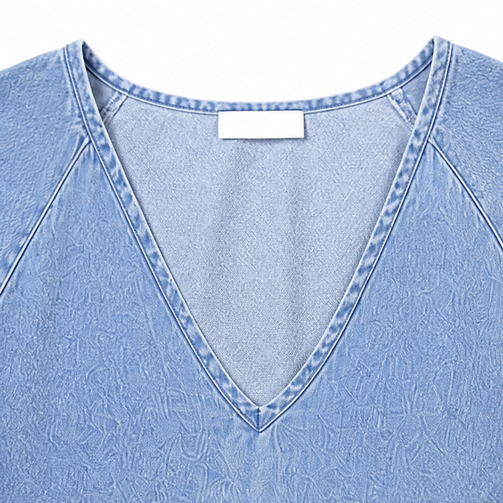 Solène – Women's Puff Sleeve V-Neck Denim Babydoll Midi Dress